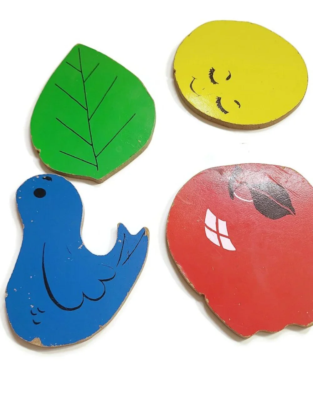 Vintage Playskool Colors I See Wooden Puzzle Sun Bird Apple Leaf 4pc 155-23
